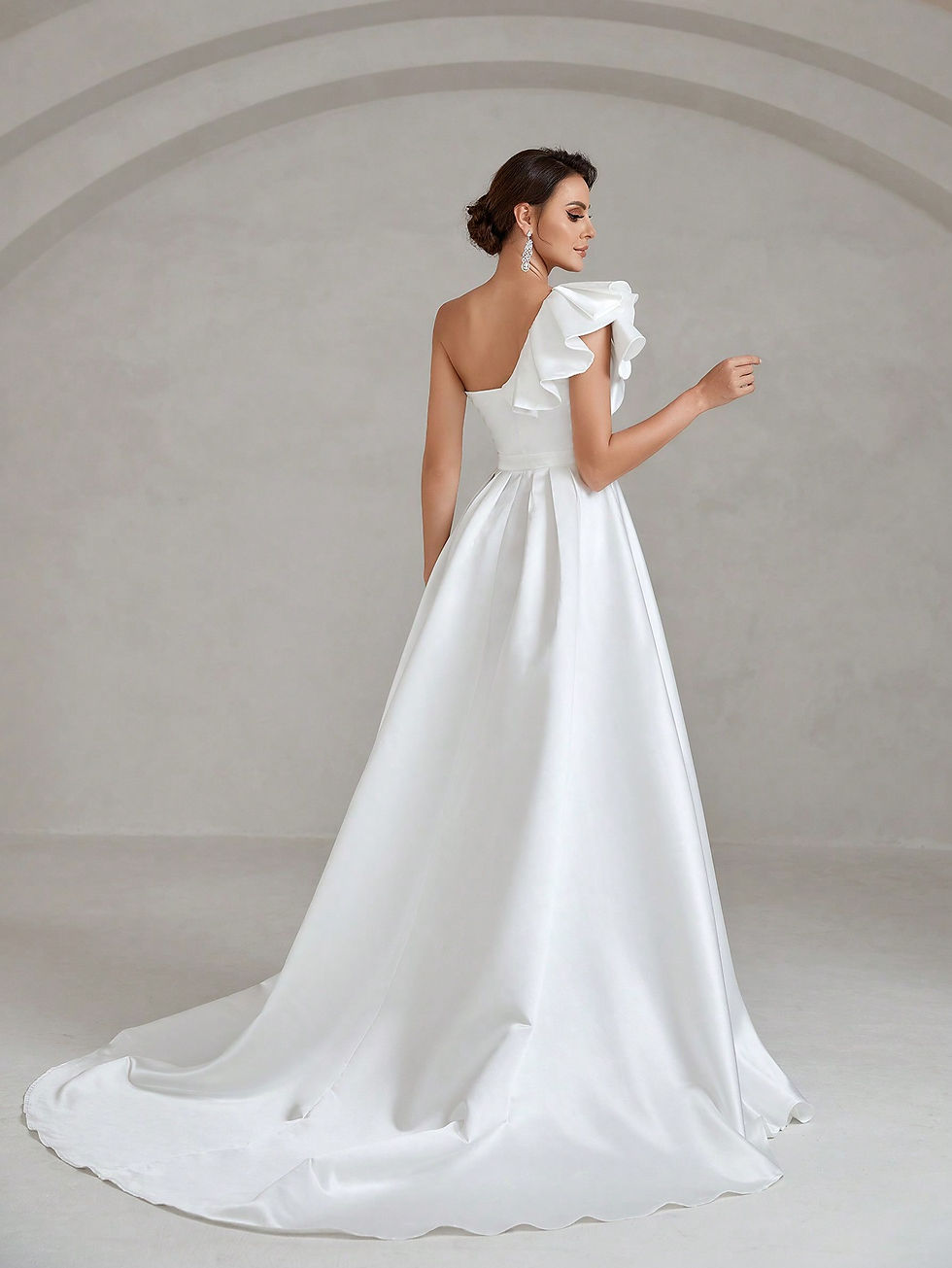Thumbnail: One Shoulder Ruffle Trim Split Thigh Satin Wedding Dress