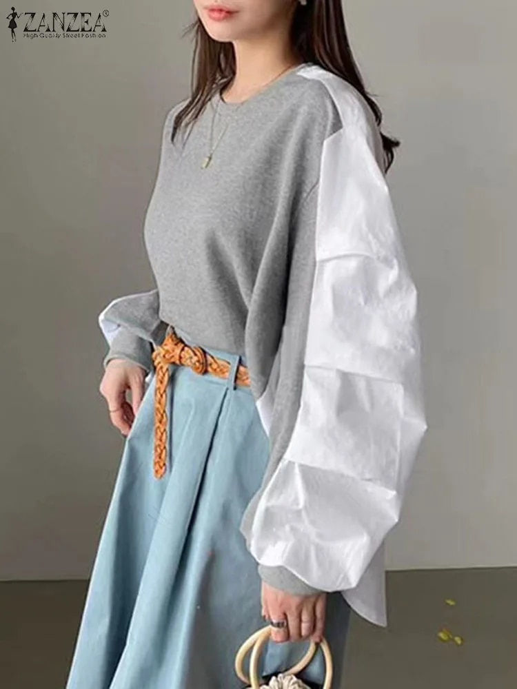 ZANZEA Women Fashion Sweatshirts 2023 Color Patchwork Autumn O-Neck Long Sleeve