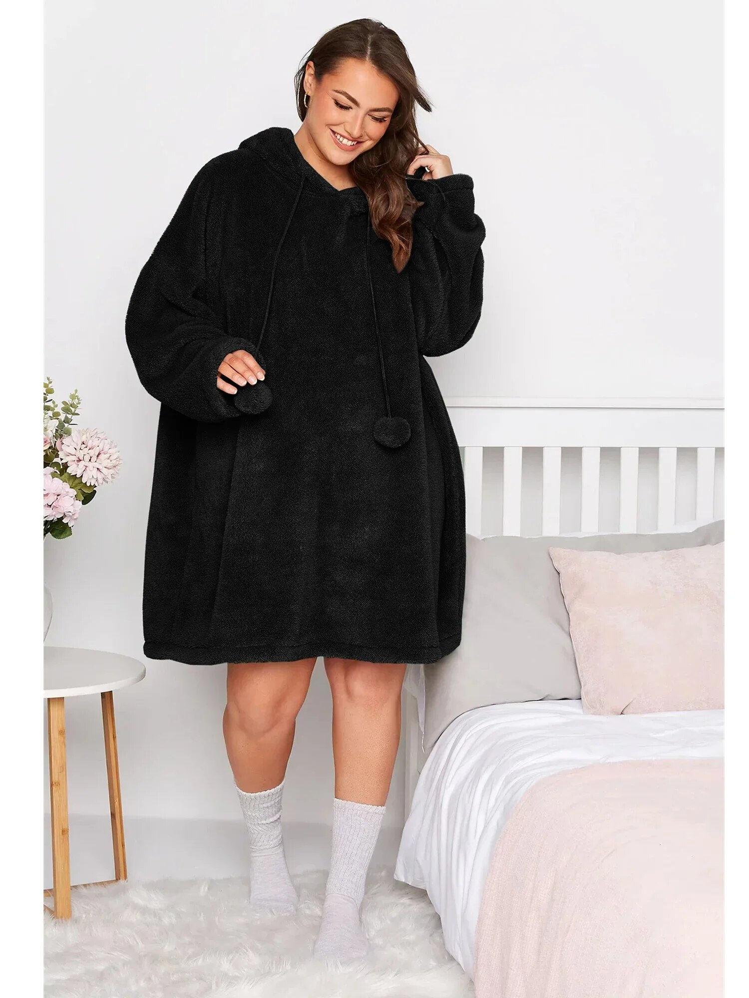 Plus Size Casual Autumn Winter Teddy Hoodie Dress Women Long Sleeve Pocket Fron