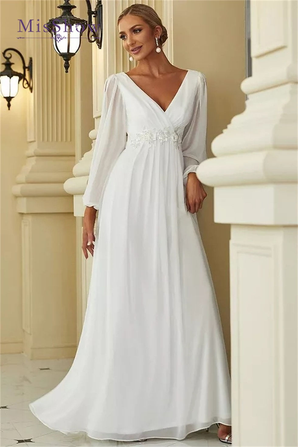 Thumbnail: MisShow Simple Wedding Dresses For Women 2024 Elegant V-Neck Chiffon White Long