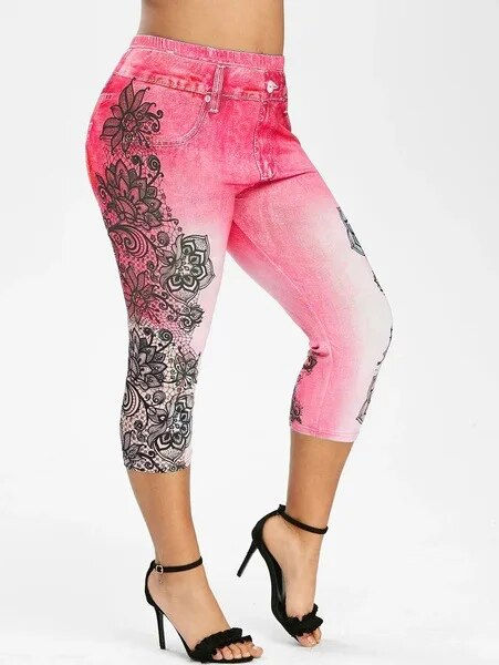 Miniatura: Women's Printed Denim Sportswear Leggings Oversized Hip Lifting Yoga Pants Plus