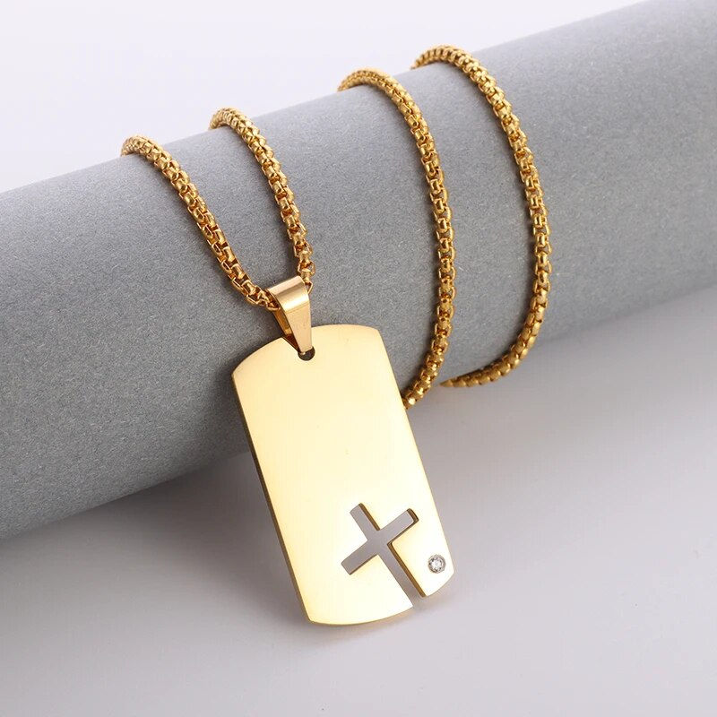 Thumbnail: Classic Square Hollow Cross Military Plate Stainless Steel Pendant Necklace for