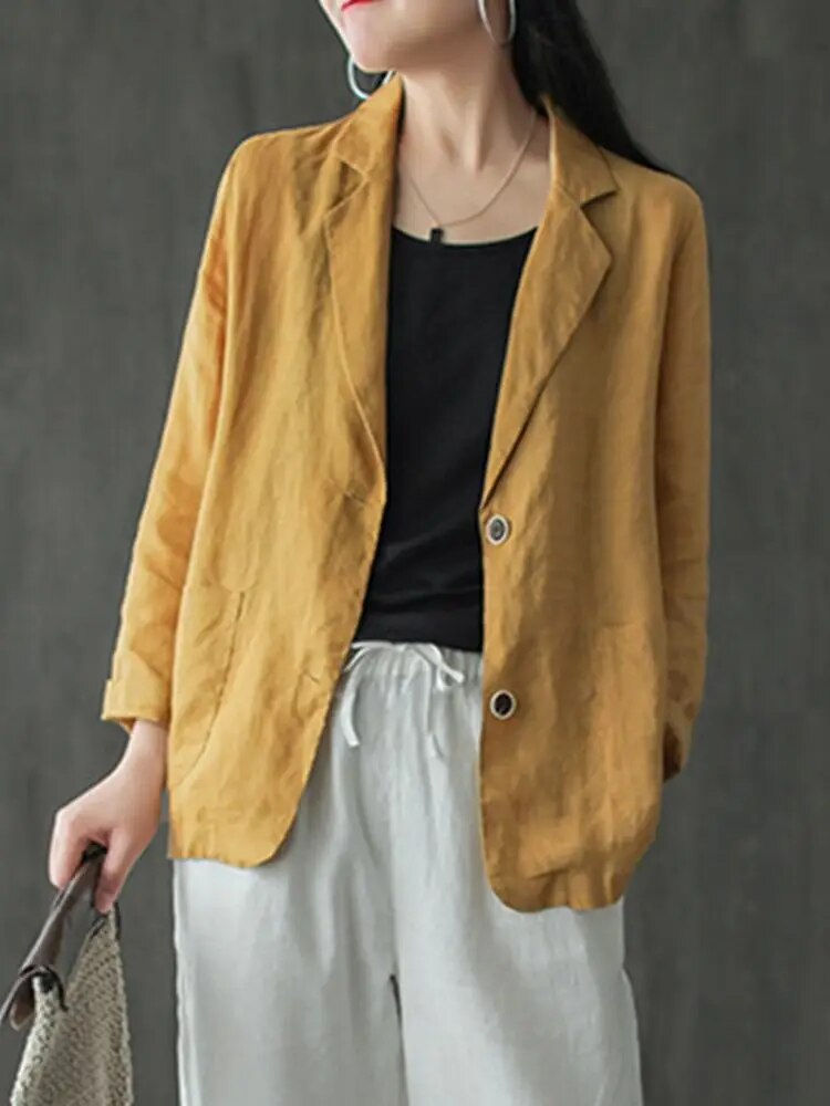 Thumbnail: ZANZEA Women Lapel Neck Long Sleeve Blazer Autumn Vintage Casual Solid Cotton B