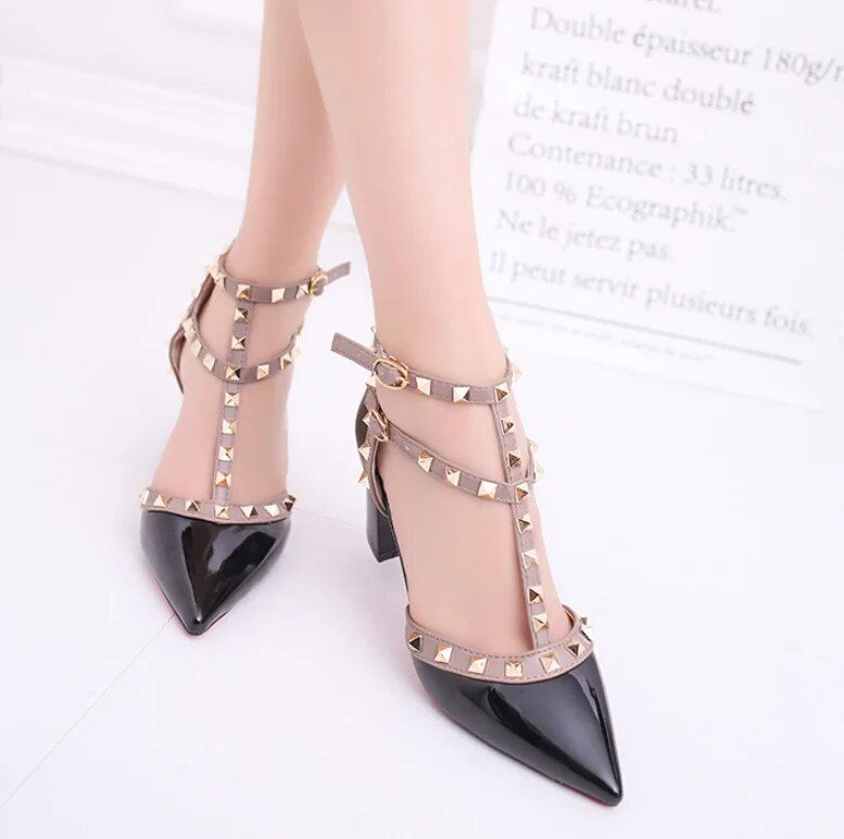 Thumbnail: Rivet Pumps Women 2023 New pointed patent leather rivet buckle sandals thick wi
