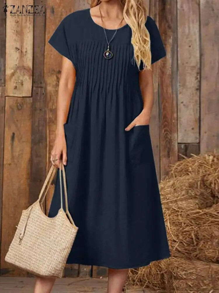 Thumbnail: Elegant Women O Neck Short Sleeve Solid Mid-calf Dress ZANZEA Summer Sundress F