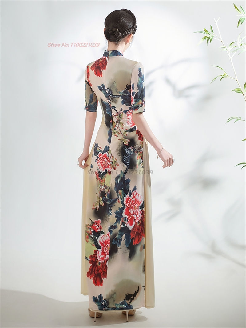 Thumbnail: 2024 chinese improved qipao dress vintage flower print cheongsam vietnam ao dai