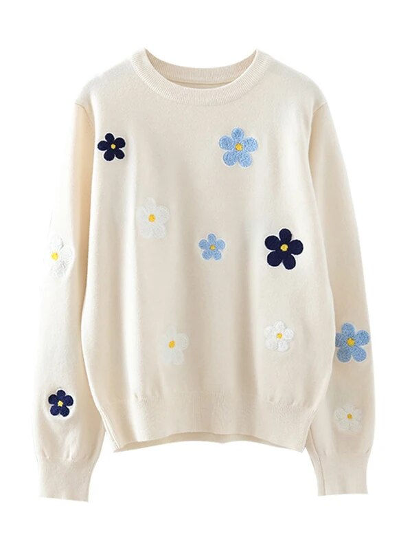Korean Floral Embroidery Pullover Sweater High Quality Women Elegant O Neck Kni