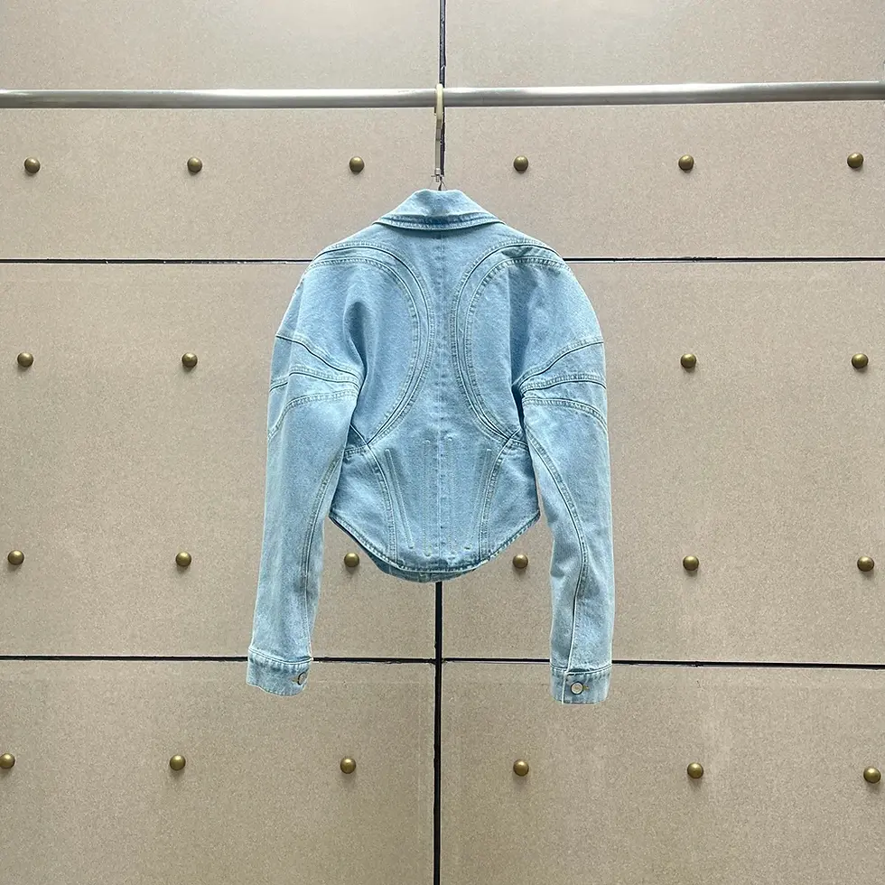 ภาพขนาดย่อ: Women's Long Sleeve Denim Jacket Fishbone Waist Cotton Vintage Washed Commuter