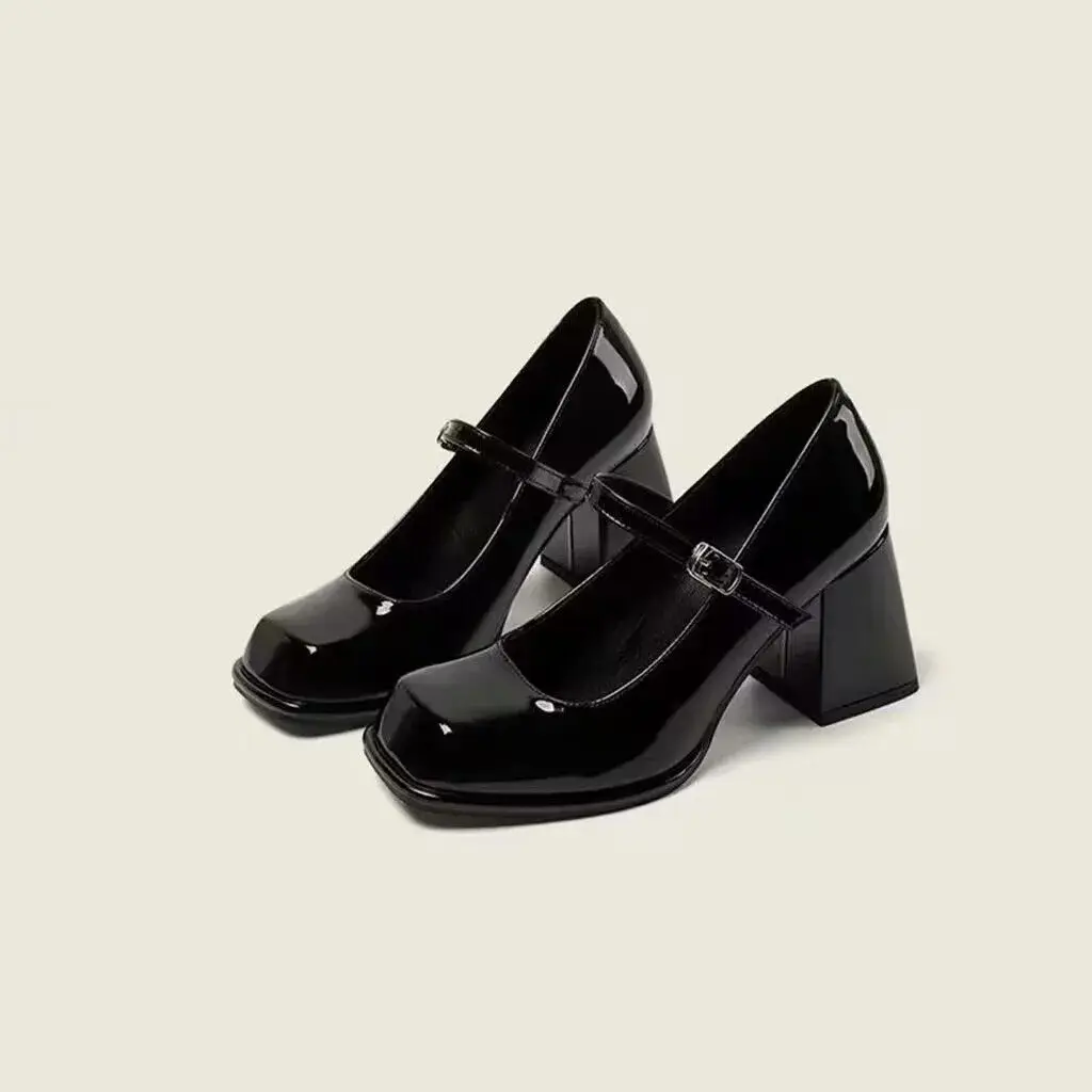 Mary Janes Vintage Black Sandals Woman Buckle Non-Slip Casual Medium Heels Offi