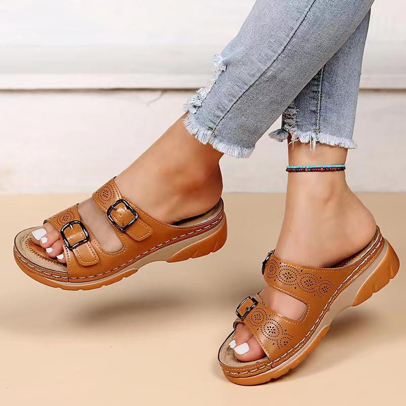 Thumbnail: Double Buckle Slippers Women Flat Sandals Summer