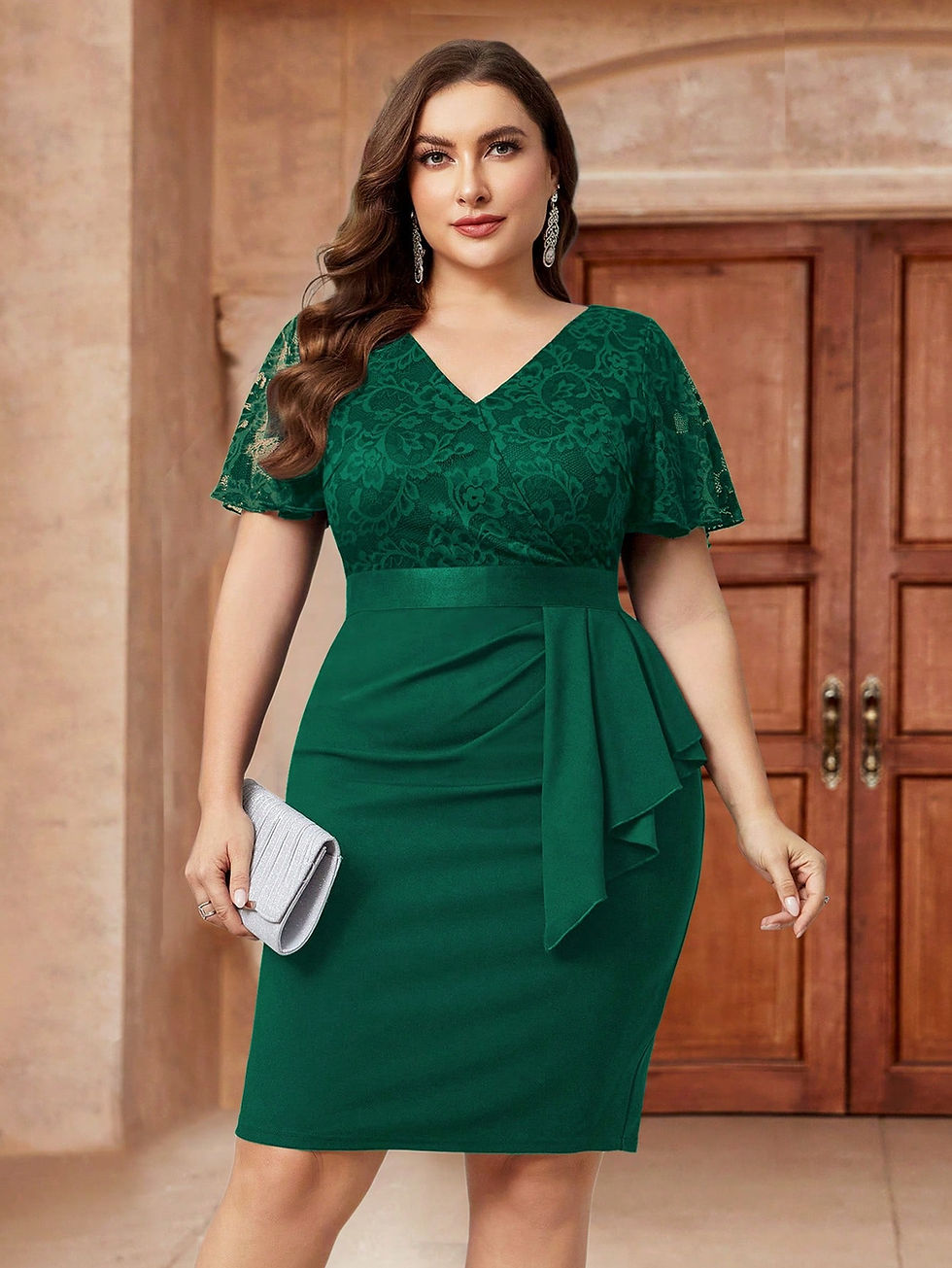 Thumbnail: Plus Floral Lace Flounce Sleeve Ruffle Trim Wrap Hem Bodycon Dress