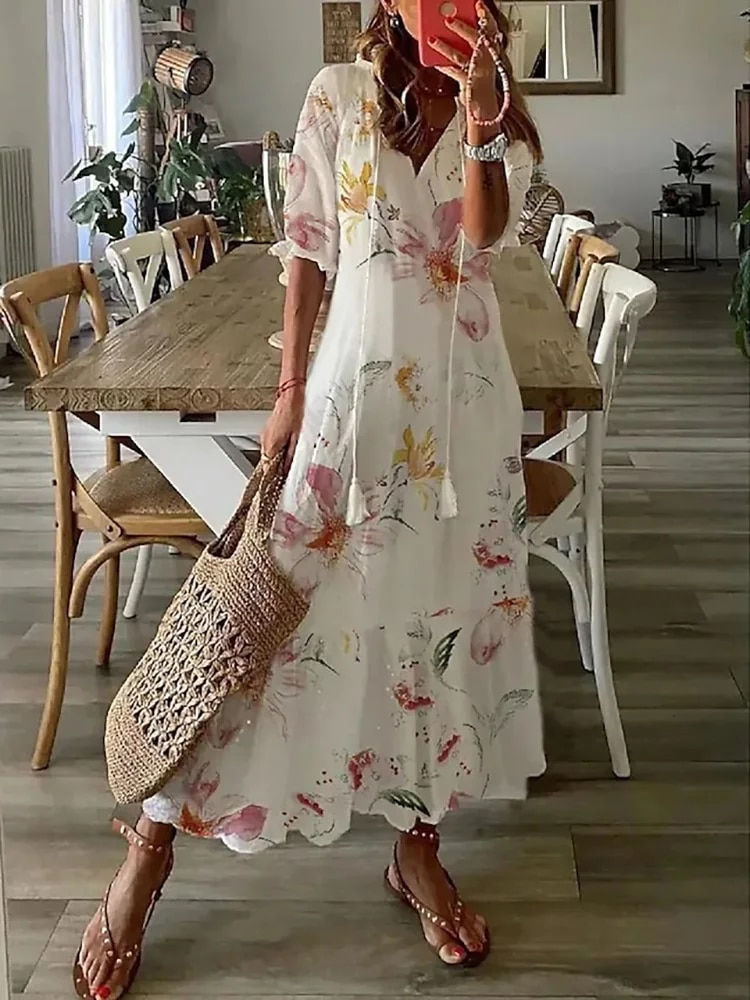 Miniatura: Women Elegant V Neck Print Long Dress Vintage Harajuku Half Sleeve Bohemian Max