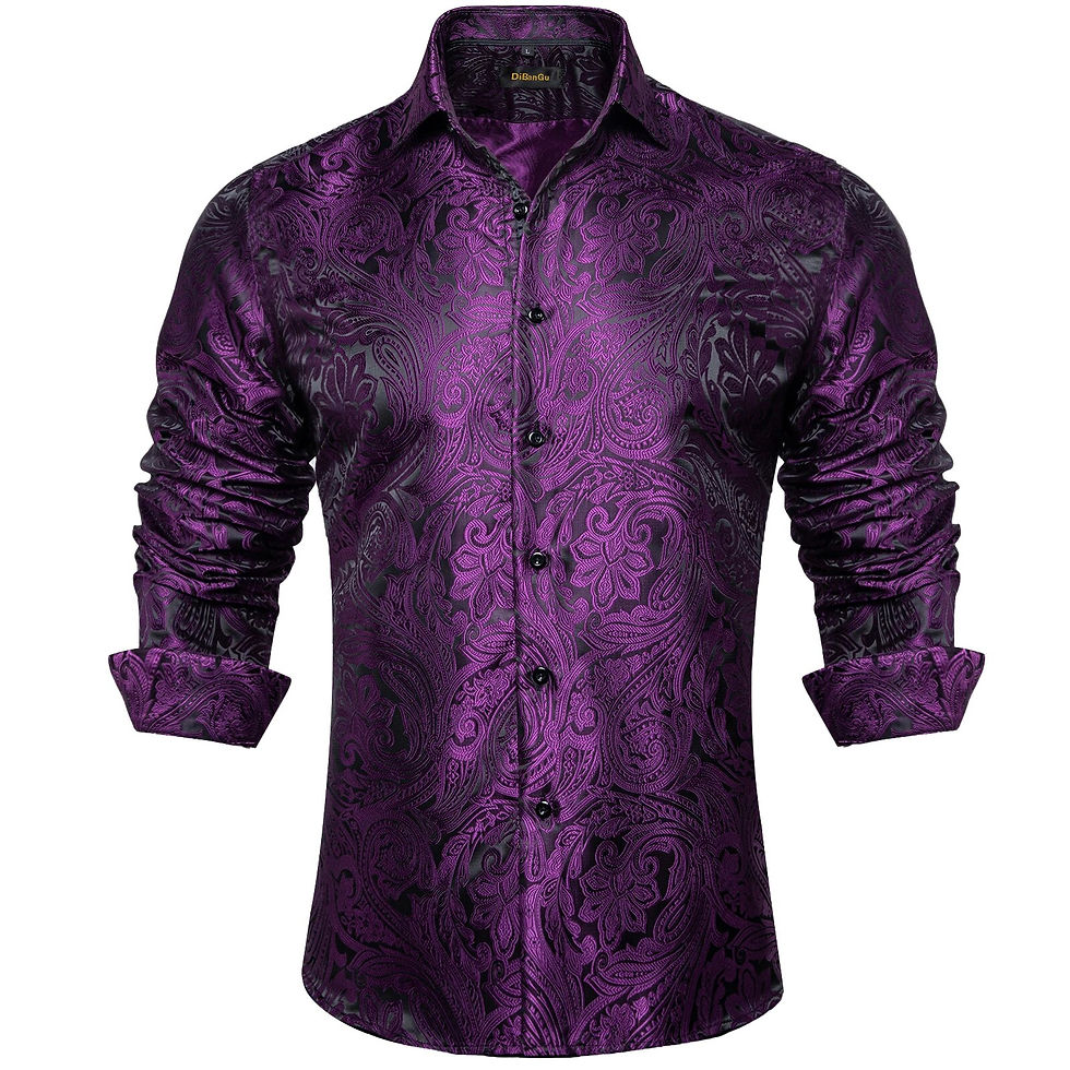 Miniatura: Luxury Purple Paisley Men's Silk Shrits Long Sleeve Designer Men Clothing Tuxed