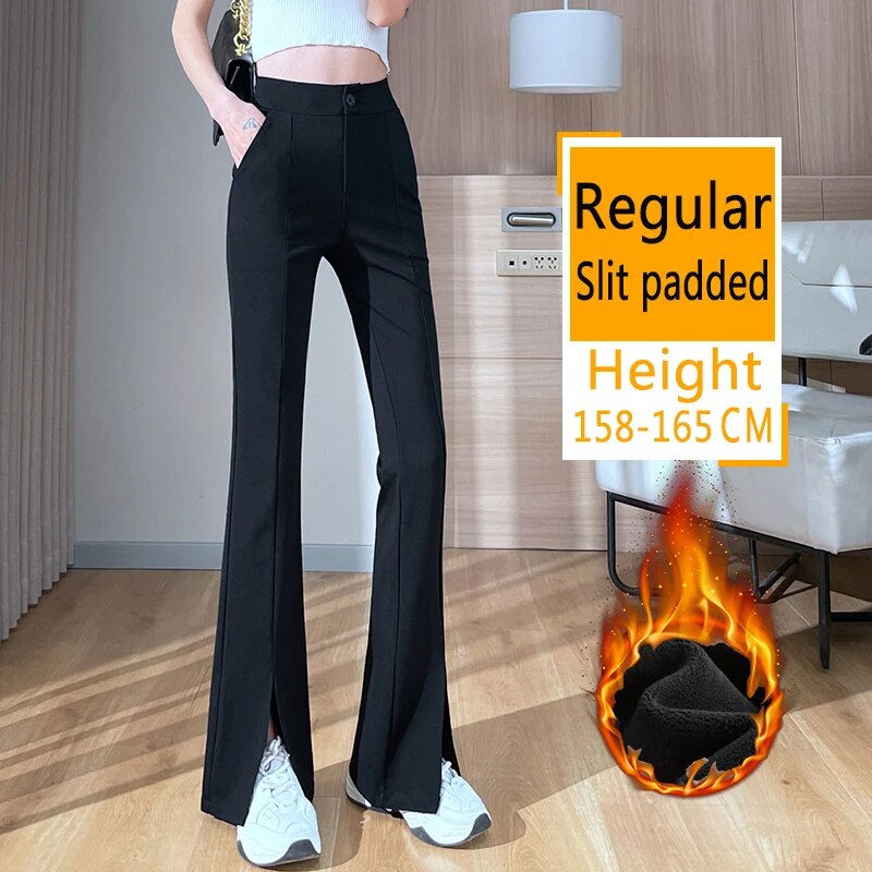 Thumbnail: Plus Size Slit Front Black Flare Pants for Women Korean Style Casual Office Lad