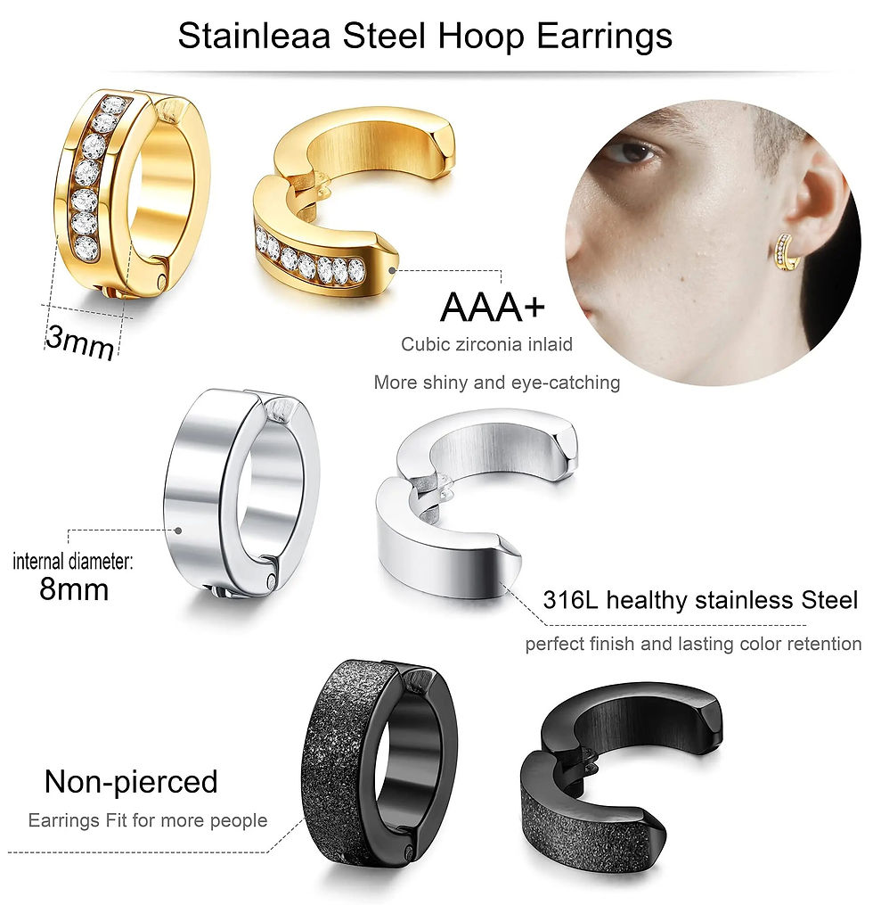 Thumbnail: 1 Pair/9 Pairs Non-Piercing Earrings Stainless Steel Clip On Hoop Earrings For 