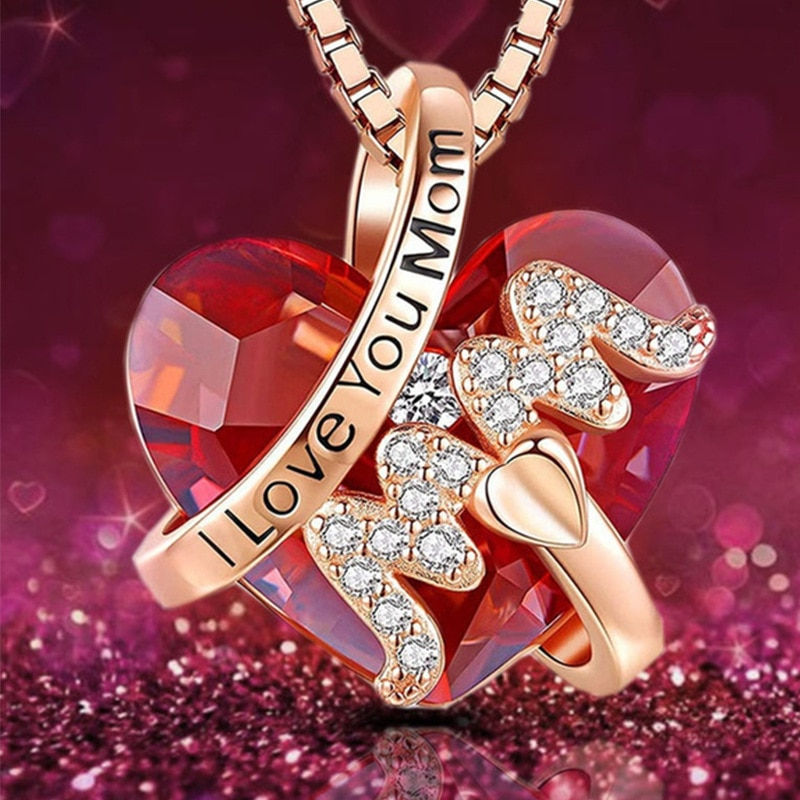 Μικρογραφία: Luxury Fashion "Mom" Pendant Necklace Red Blue Heart Crystal Jewelry Ladies Ann
