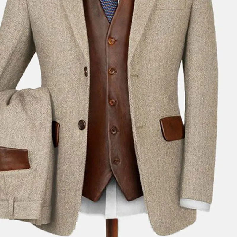 Thumbnail: Mens Suit PU Leather Patchwork Notch Lapel Blazer&Vest&Pants 3Pcs Set Simple Bu