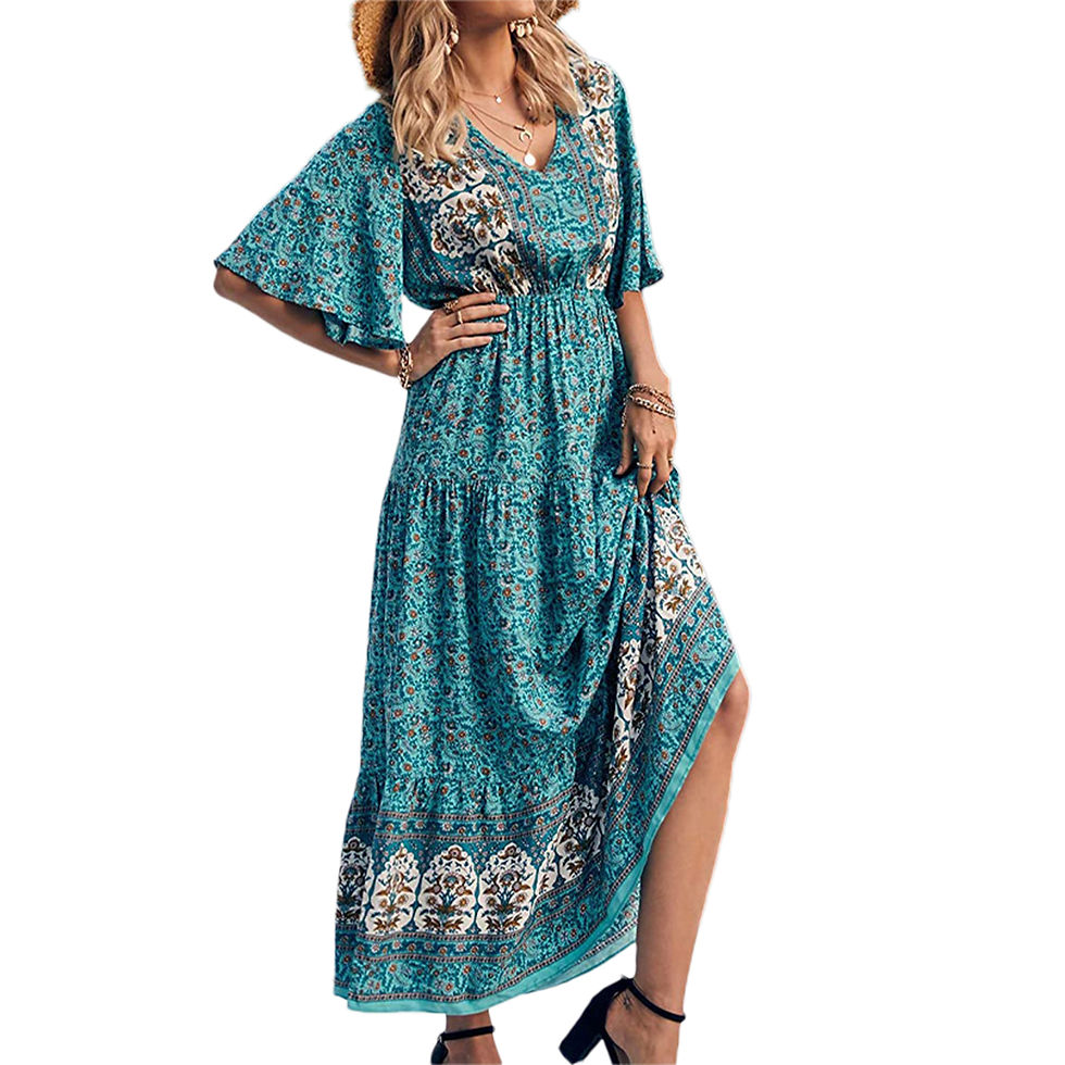Thumbnail: Women Boho Retro Print Long Dress Short Sleeve V-Neck High Waist Dresses Summer