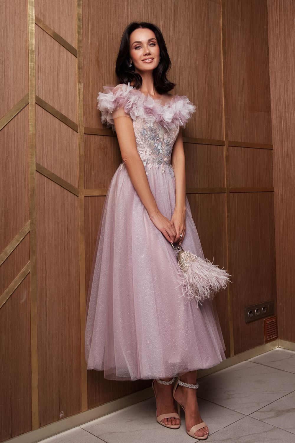 Glitter Pink Tulle Homecoming Dresses for Women with Ruffles Short Sleeve Tea-L