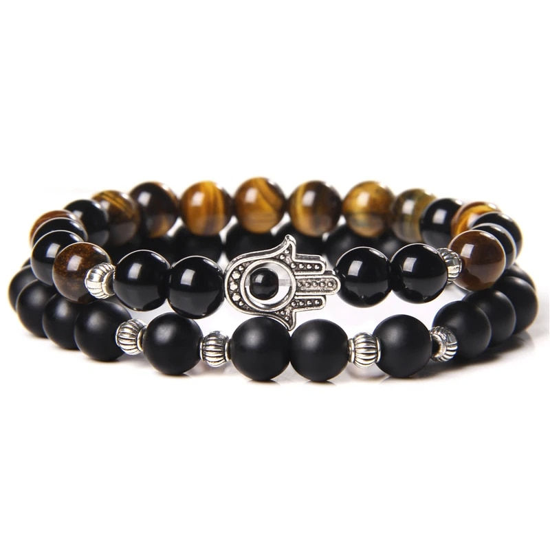 Thumbnail: GolbalJew 2pcs Bead Bracelet Men Natural Tiger Eye Hematite Obsidian Beaded Bra