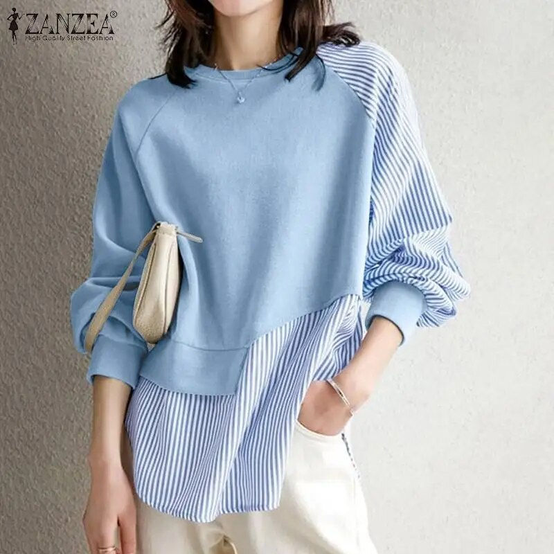 Thumbnail: ZANZEA Autumn Women Long Sleeve Striped Sweatshirts Hoodies Patchwork Pullover