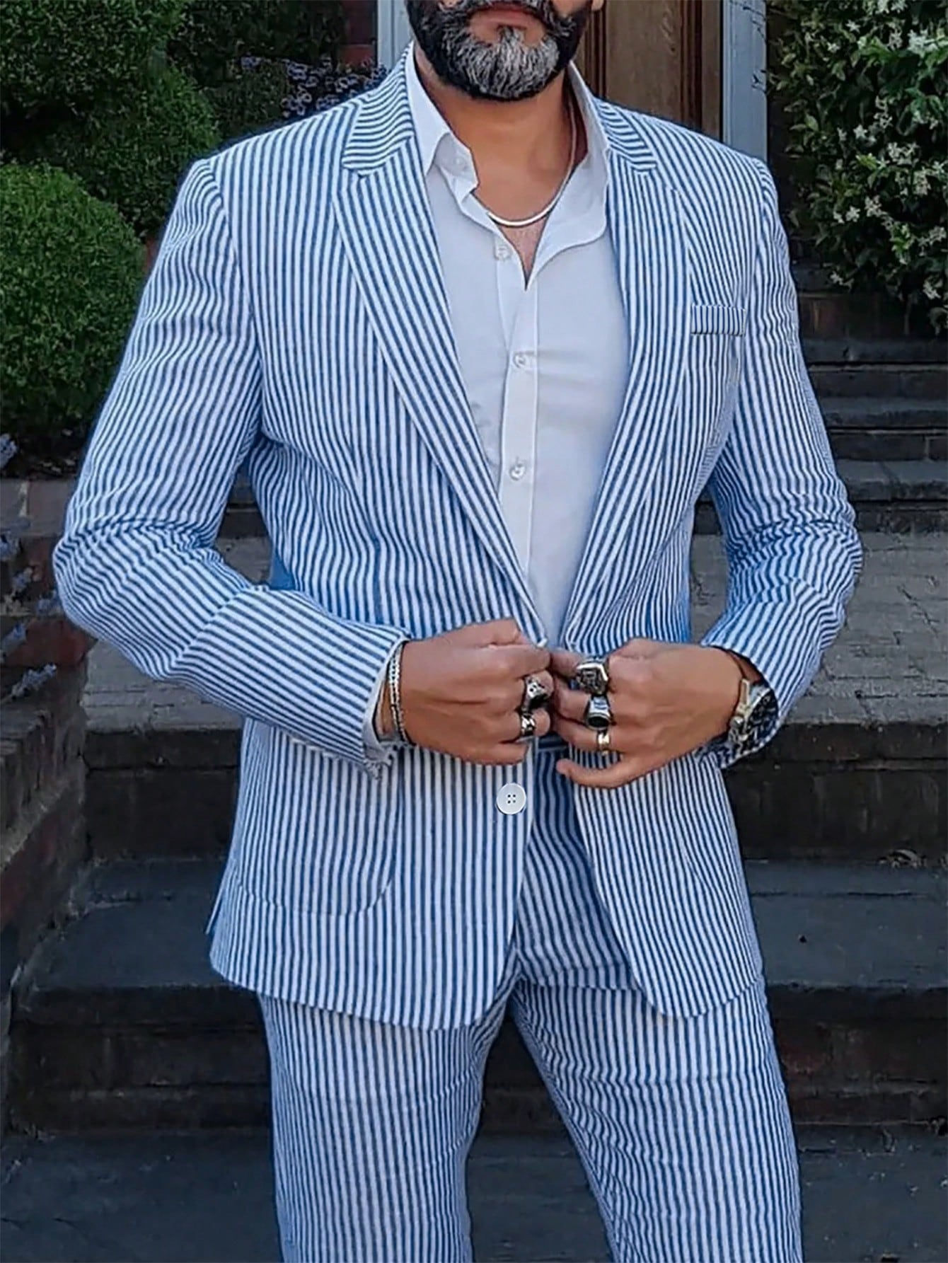 Manfinity Hypemode Men's Suit Set Buttoned Striped Business Commute Suit Coat A