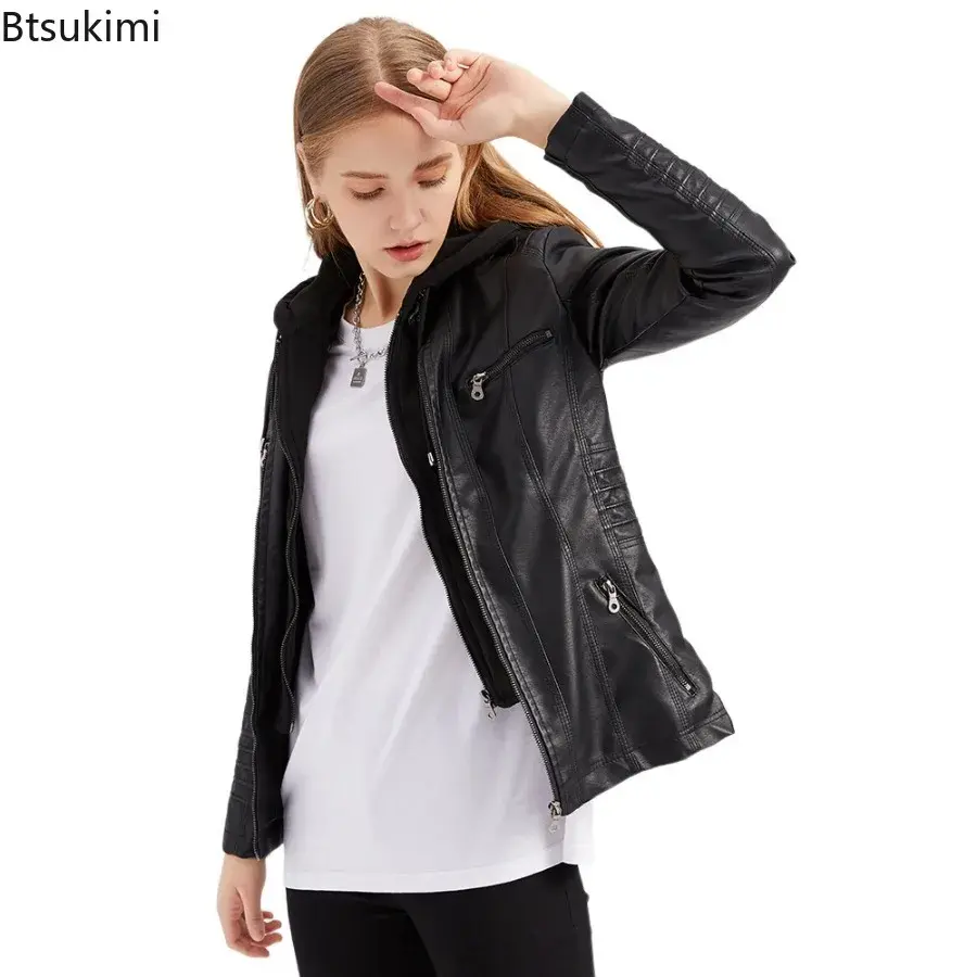Sličica: 2024 Women's Hooded Leather Jacket 2 Pieces Set with Detachable Large Leather J
