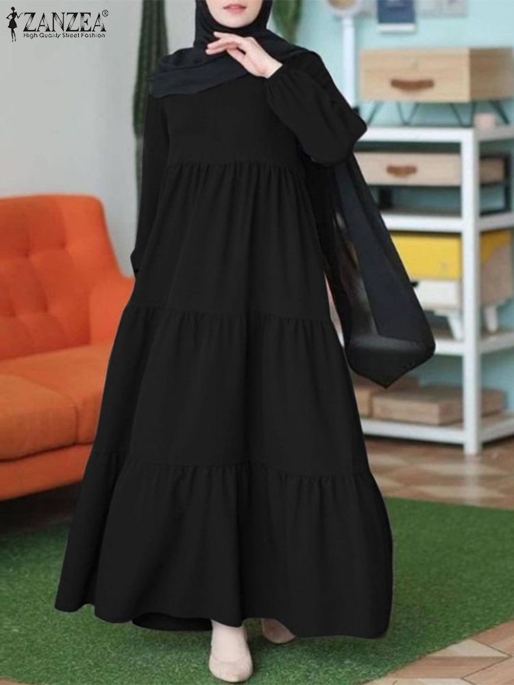 Miniaturbild: ZANZEA Eid Mubarek Ramadan Ruffles Maxi Sundress Kaftan Turkey Muslim Dress Vin