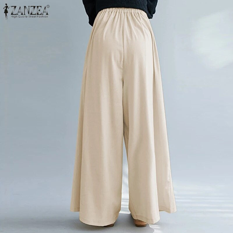 Thumbnail: ZANZEA Women Elastic Waist Wide Leg Pants Loose Autumn Trousers Culottes Elegan