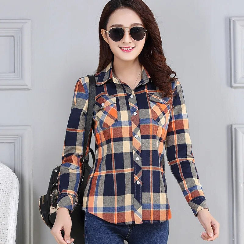 Thumbnail: Women's Plaid Shirts 2023 Autumn New Ladies Casual Long Sleeve Pocket Cotton Sh
