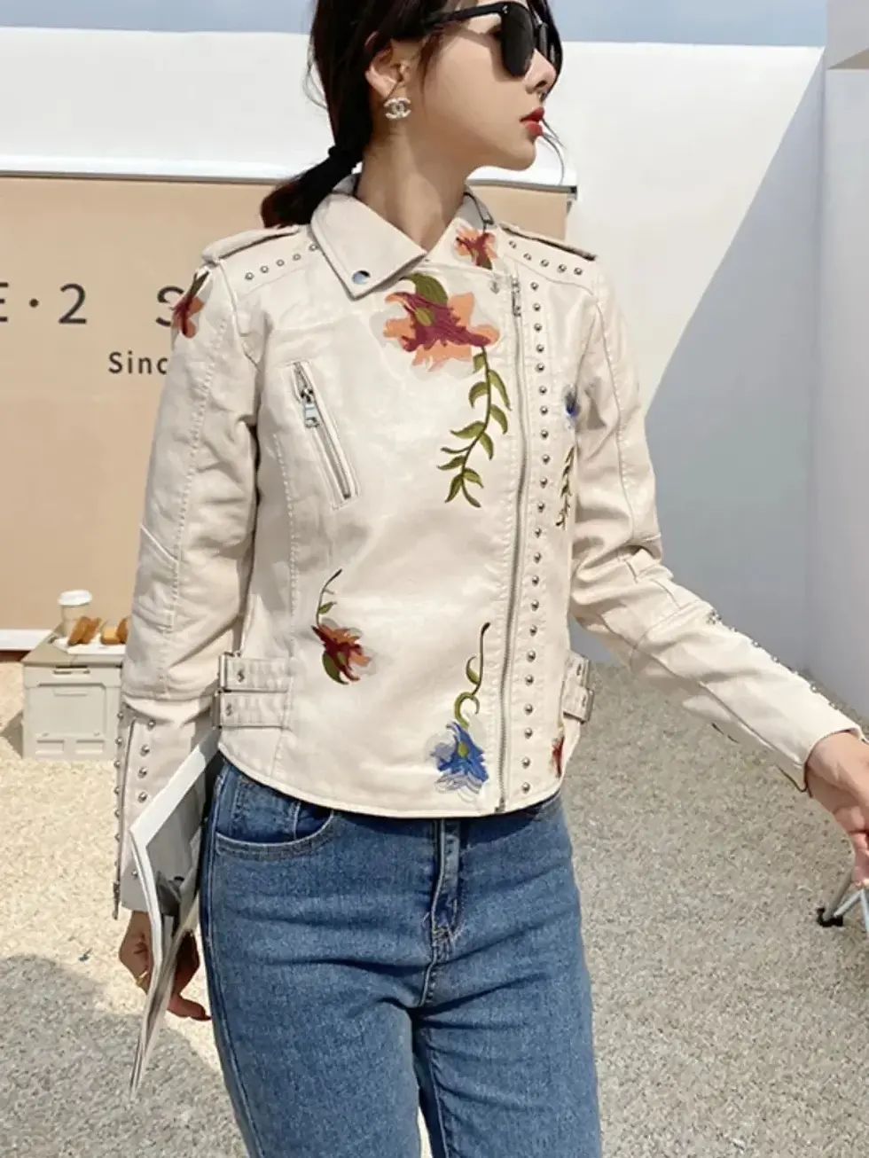 Thumbnail: Moto & Biker Streetwear Zipper Overcoat Women's Jackets PU Leather Embroidered