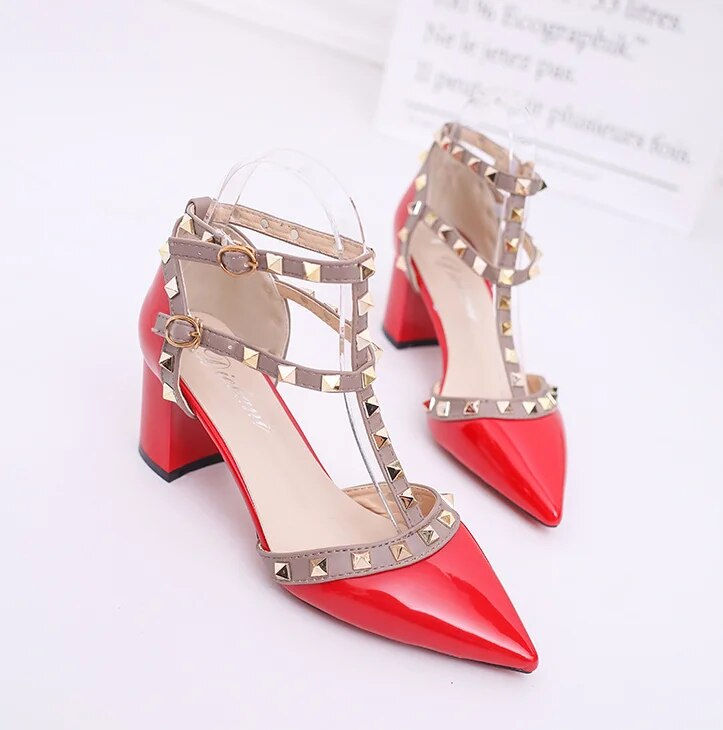 Thumbnail: Rivet Pumps Women 2023 New pointed patent leather rivet buckle sandals thick wi
