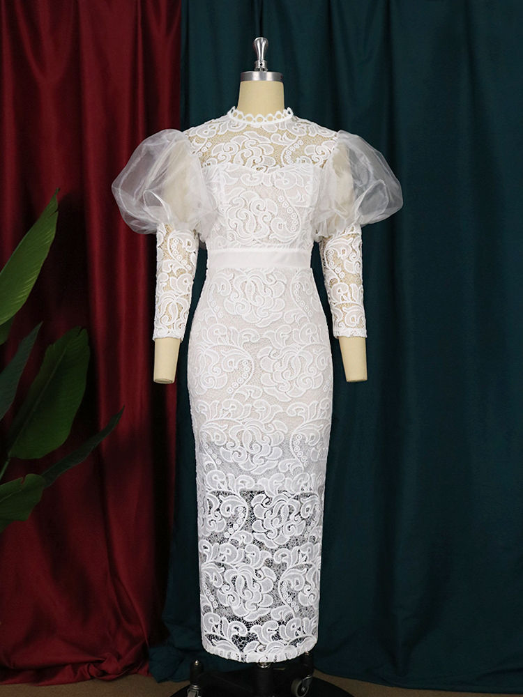 Sličica: Plus Size Lace Dresses for Women Party Bodycon Flora Puffy Long Sleeve Crew Nec
