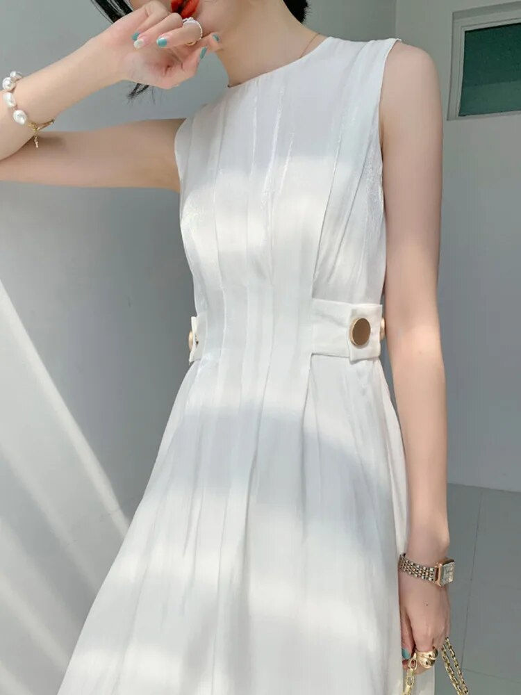 Thumbnail: [LANMREM] High Waist Pleated Elegant Dresses Women's White O-neck Sleeveless Sa