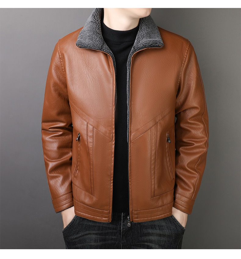 Thumbnail: Winter Men's Fur Collar Leather Jacket Fashion Simple Solid Color Windproof Car