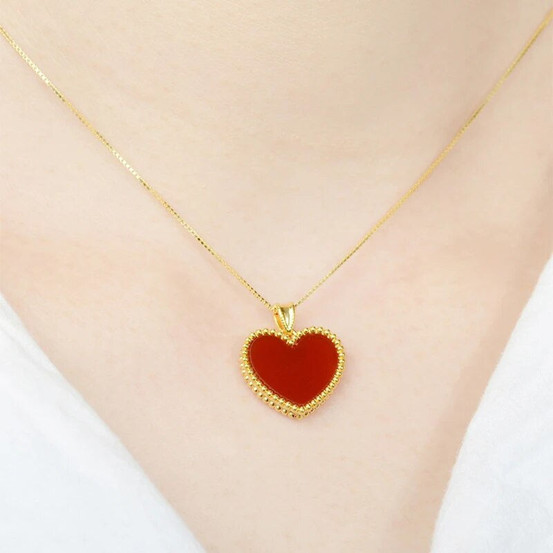 Thumbnail: YUNLI Real 18K Gold Heart Necklace Pendant Natural Red Agate Pendant Pure AU750