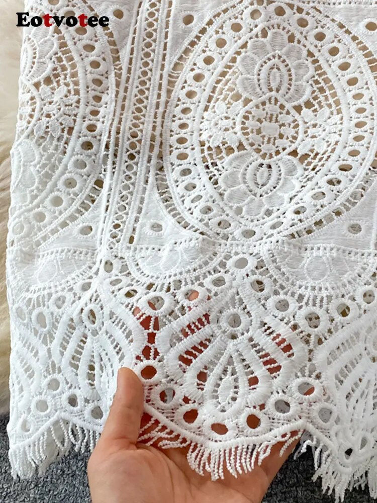 Thumbnail: Eotvotee White Lace Dresses for Women Summer New Puff Sleeve Square Collar Back