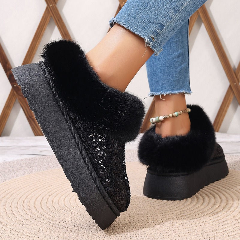 縮圖：Faux Fur Winter Boots Women 2024 Fashion Sequined Cloth Warm Snow Boots Woman N