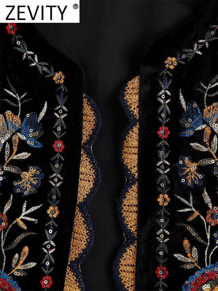 Thumbnail: Zevity Women Vintage Sequins Flower Embroidery Vest Jacket Ladies National Styl