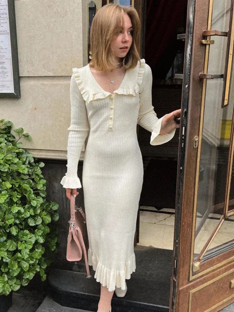 Miniature : TARUXY High Waist Ruffled Maxi Dresses For Women Autumn Winter Knitted Slim Lon
