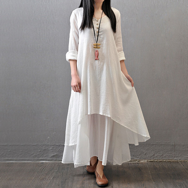 Miniatyrbilde: Women Cotton Linen Chic Maxi Dresses Elegant Bohemia Layered Vintage Robe Long