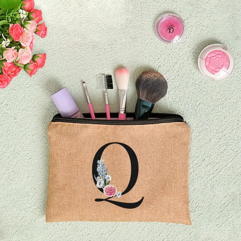 Miniatura: Floral Letter Print Women Linen Zipper Pouch Travel Organizer Case Mujer Bolsas