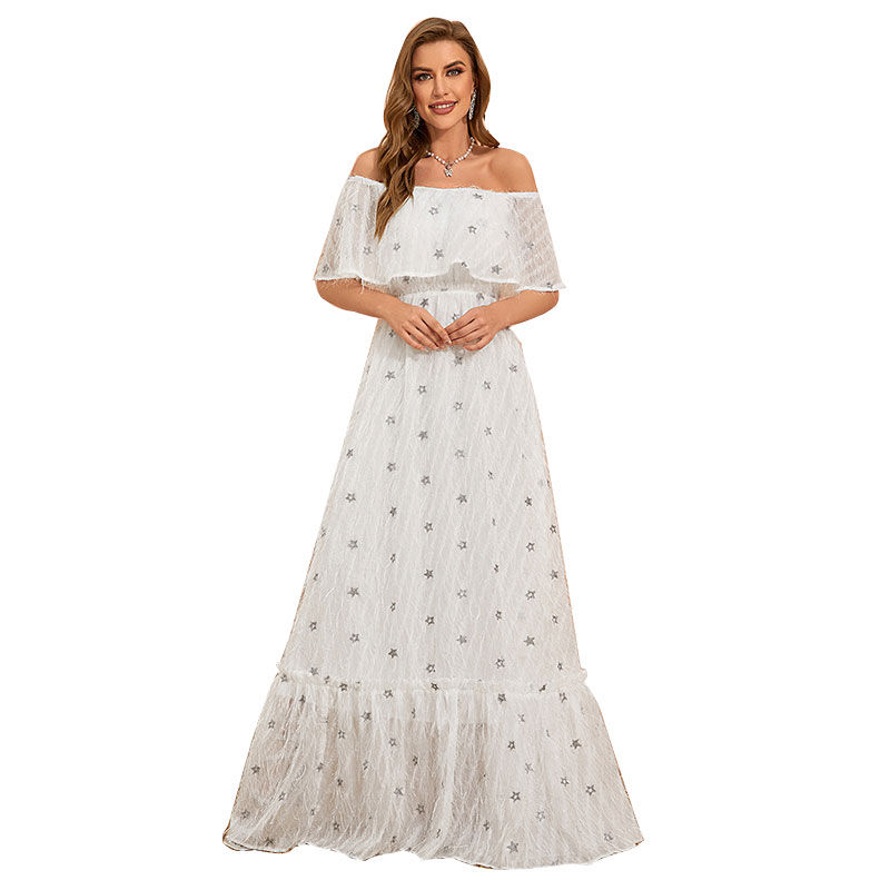 Thumbnail: TOLEEN Women Floor-Length Dresses Line neck Evening dress Elegant white lotus s