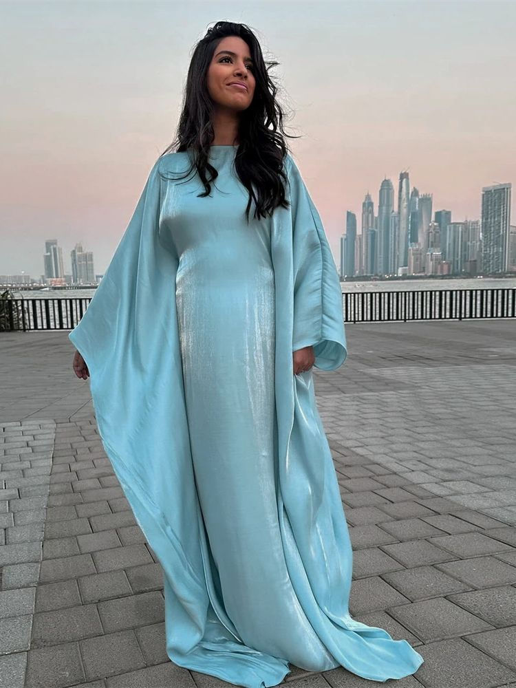 Thumbnail: Batwing Butterfly Sleeve Satin Khimar Abaya Dubai Muslim Maxi Dress Kaftan Abay