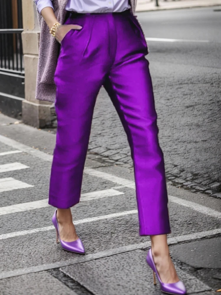 Thumbnail: Purple Plus Size Pants 3XL 4XL Elastic Waist High Street Shiny Evening Cocktail