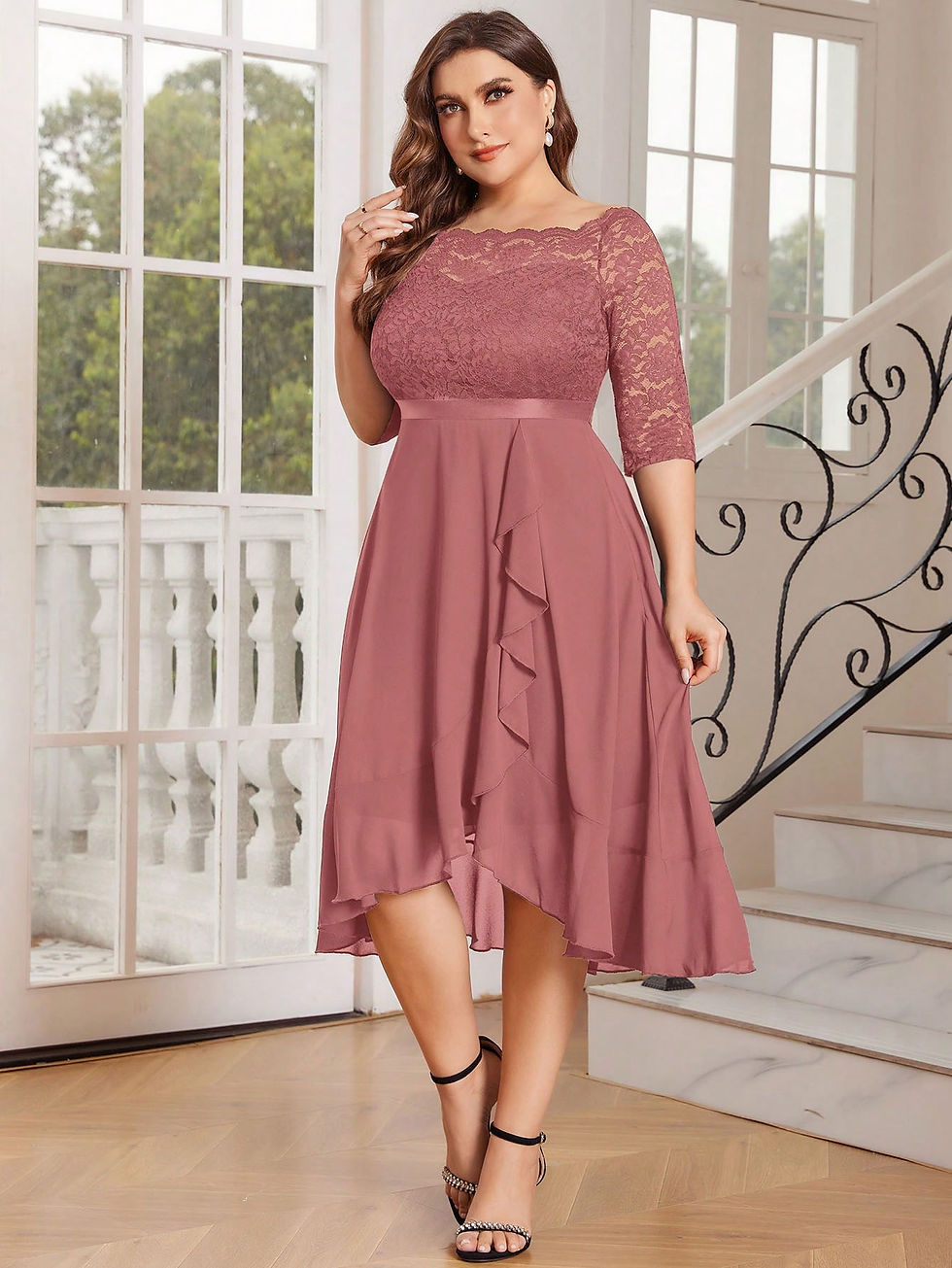 Thumbnail: MIUSOL Plus Off Shoulder Contrast Lace Bodice Ruffle Hem Cocktail Party Swing D