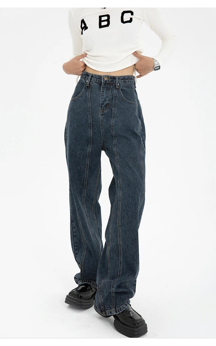 Thumbnail: Straight Jeans American Retro High Street Double Pressure Line Design Sense