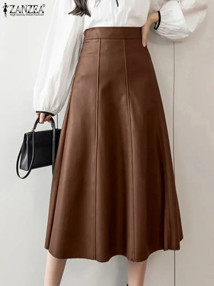サムネイル： ZANZEA Long Skirt Leather Skirt Fashion High Waist Skirt Women PU Office Lady S