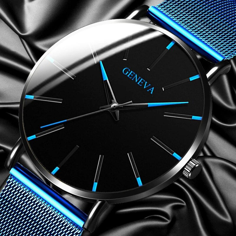 2024 Geneva Minimalist Watch Men Ultra Thin Blue Stainless Steel Mesh Belt Watc