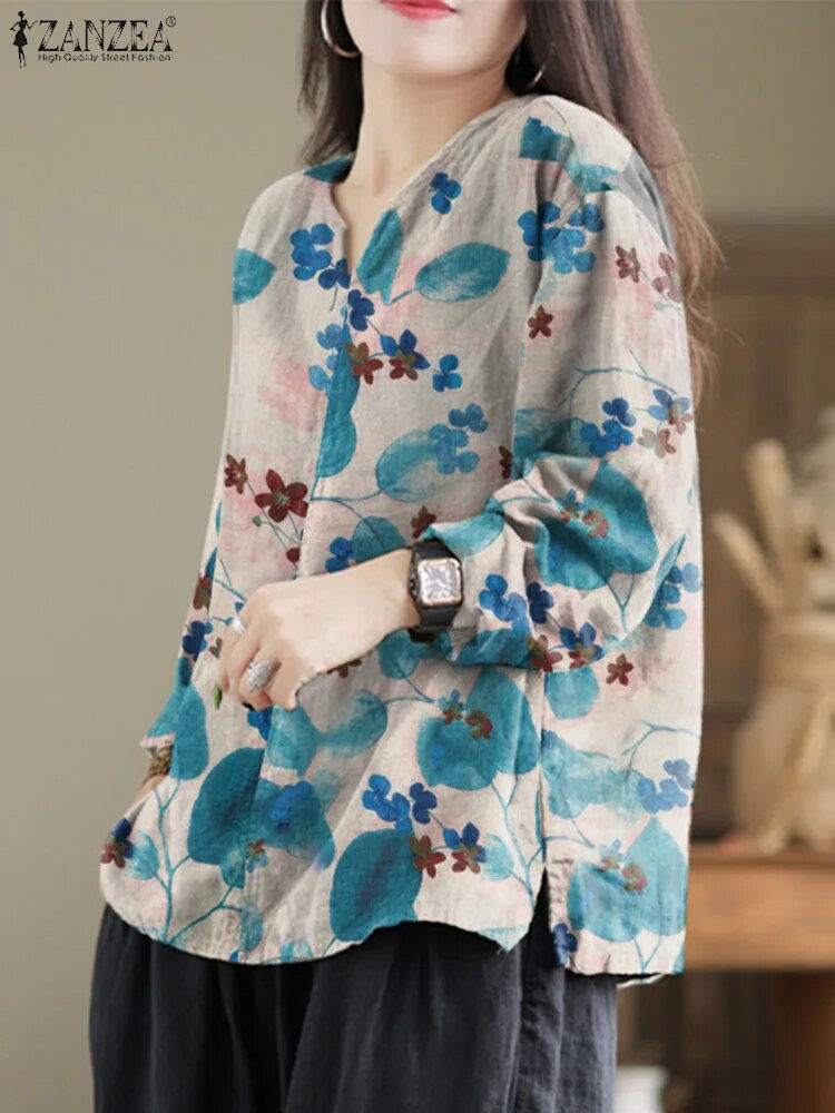 Thumbnail: ZANZEA Women Fashion Tops Spring Bohemian Floral Printed Blouse V Neck Long Sle